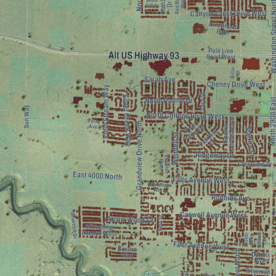 Second close-up of the map of Twin Falls, Idaho print showing more streets and buildings