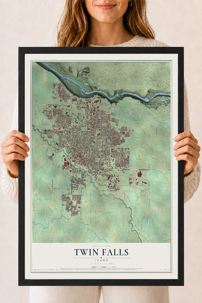 Map of Twin Falls, Idaho, 18 x 24 inch print in a black wood frame