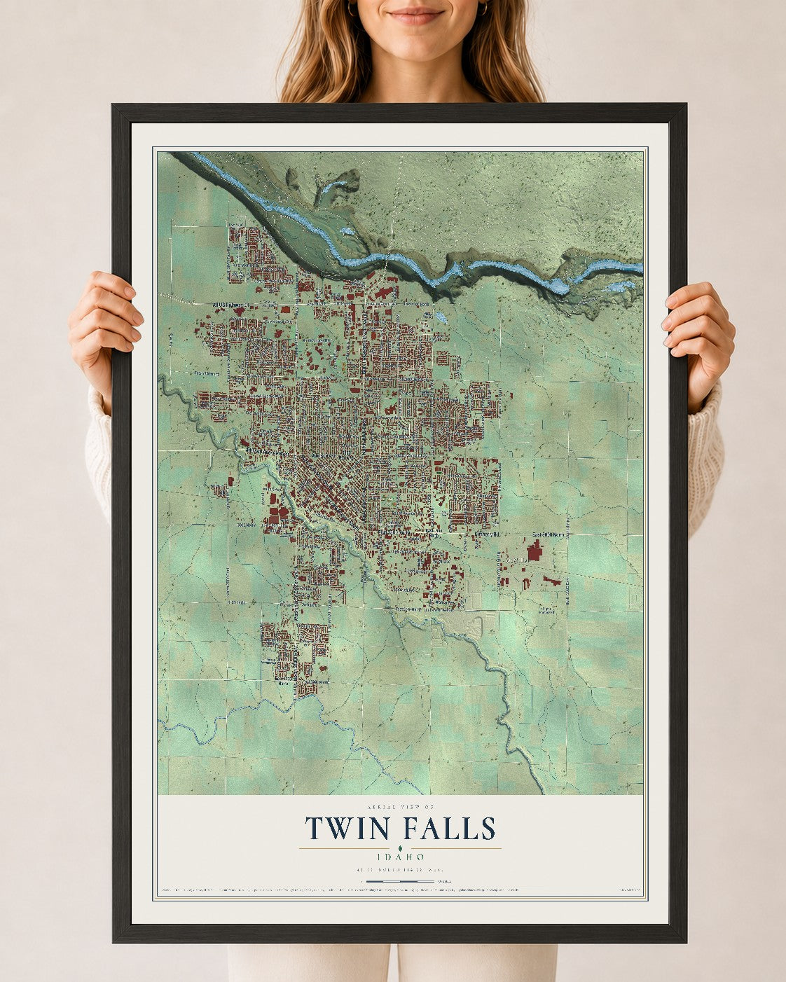 Map of Twin Falls, Idaho, 24 x 36 inch print in a black wood frame