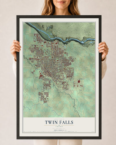 Map of Twin Falls, Idaho, 24 x 36 inch print in a black wood frame