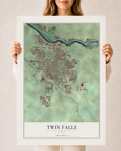 Map of Twin Falls, Idaho, 24 x 36 inch print in a white wood frame