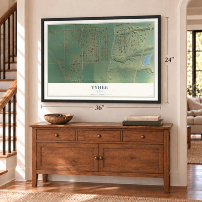 Tyhee, Idaho map, 24 x 36 inch print in a black frame above a dresser by a staircase