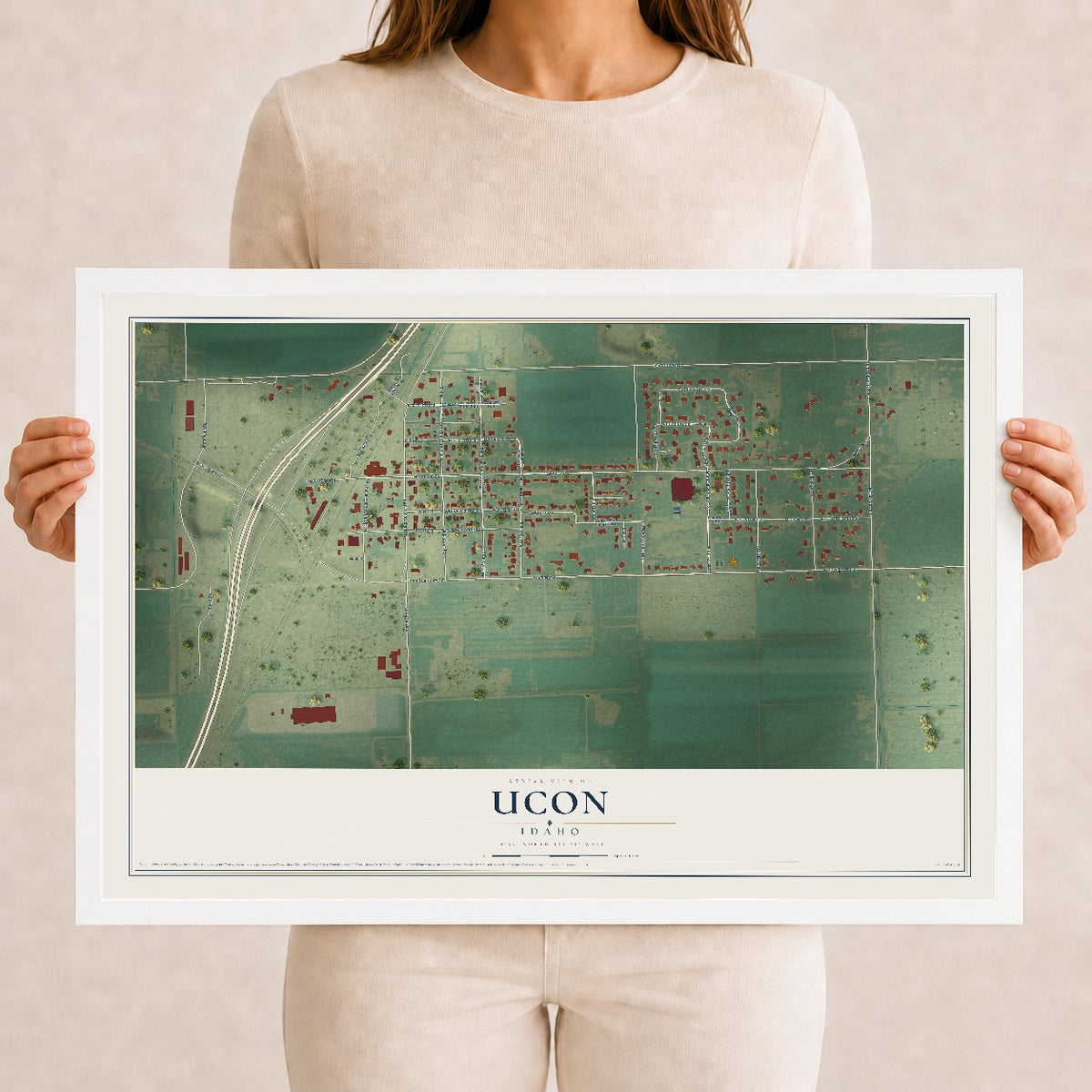 Map of Ucon, Idaho, 12 x 18 inch print in a white wood frame