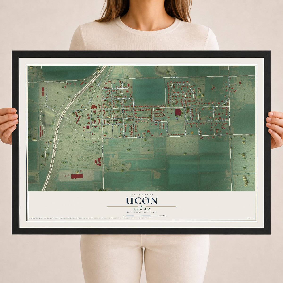 Map of Ucon, Idaho, 18 x 24 inch print in a black wood frame