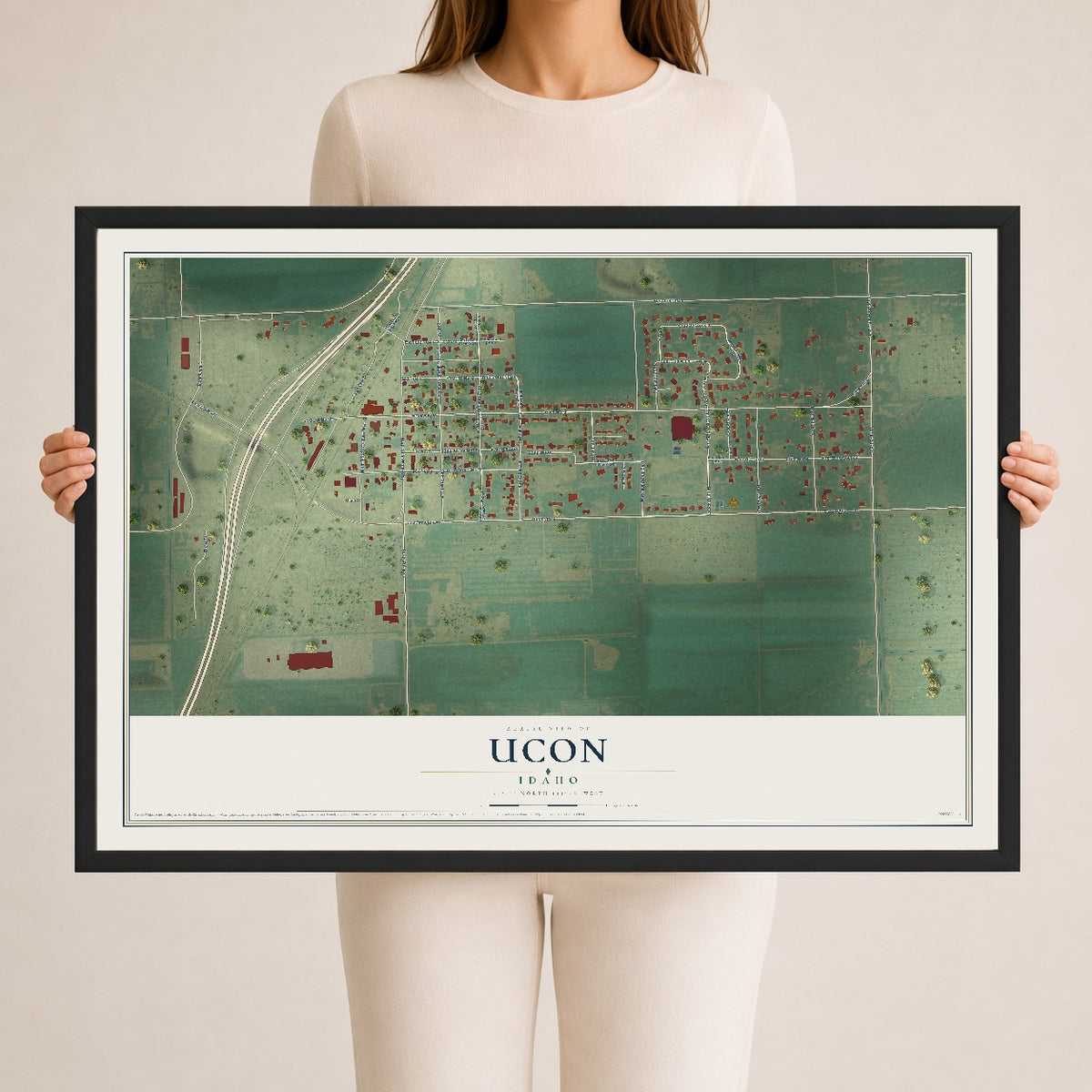 Map of Ucon, Idaho, 24 x 36 inch print in a black wood frame