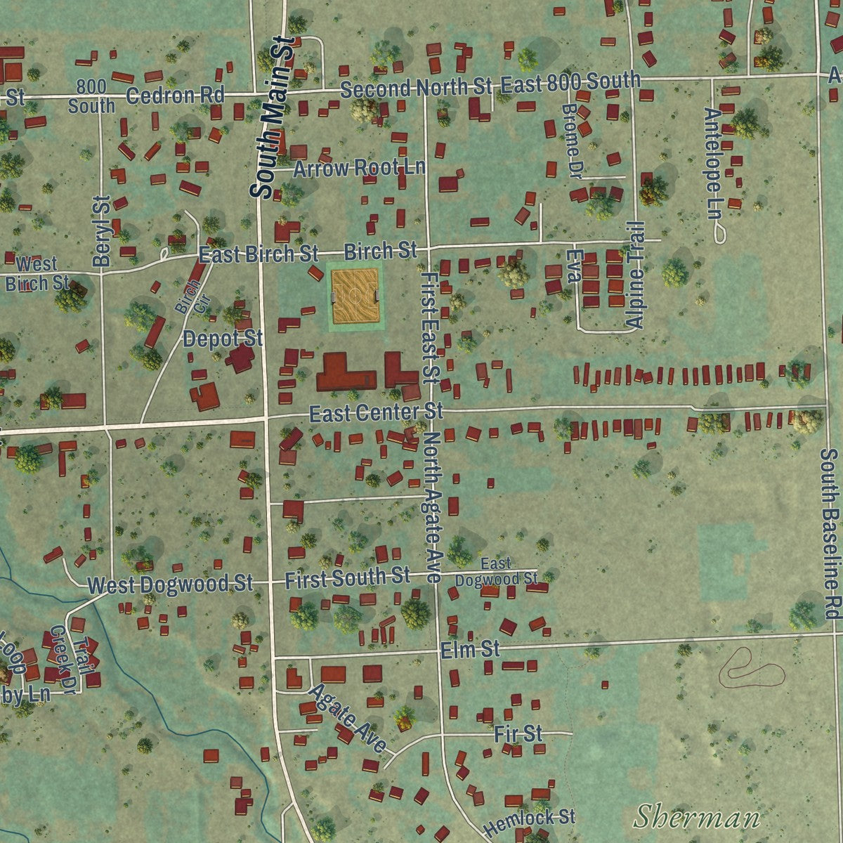 Close-up of the map of Victor, Idaho print showing street and building detail