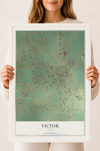 Map of Victor, Idaho, 18 x 24 inch print in a white wood frame