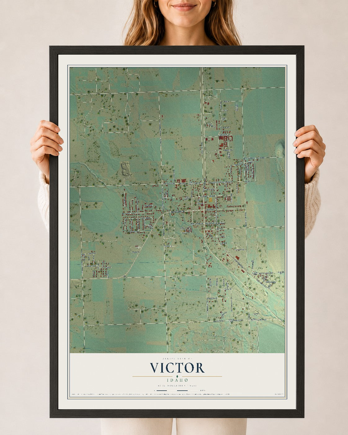 Map of Victor, Idaho, 24 x 36 inch print in a black wood frame