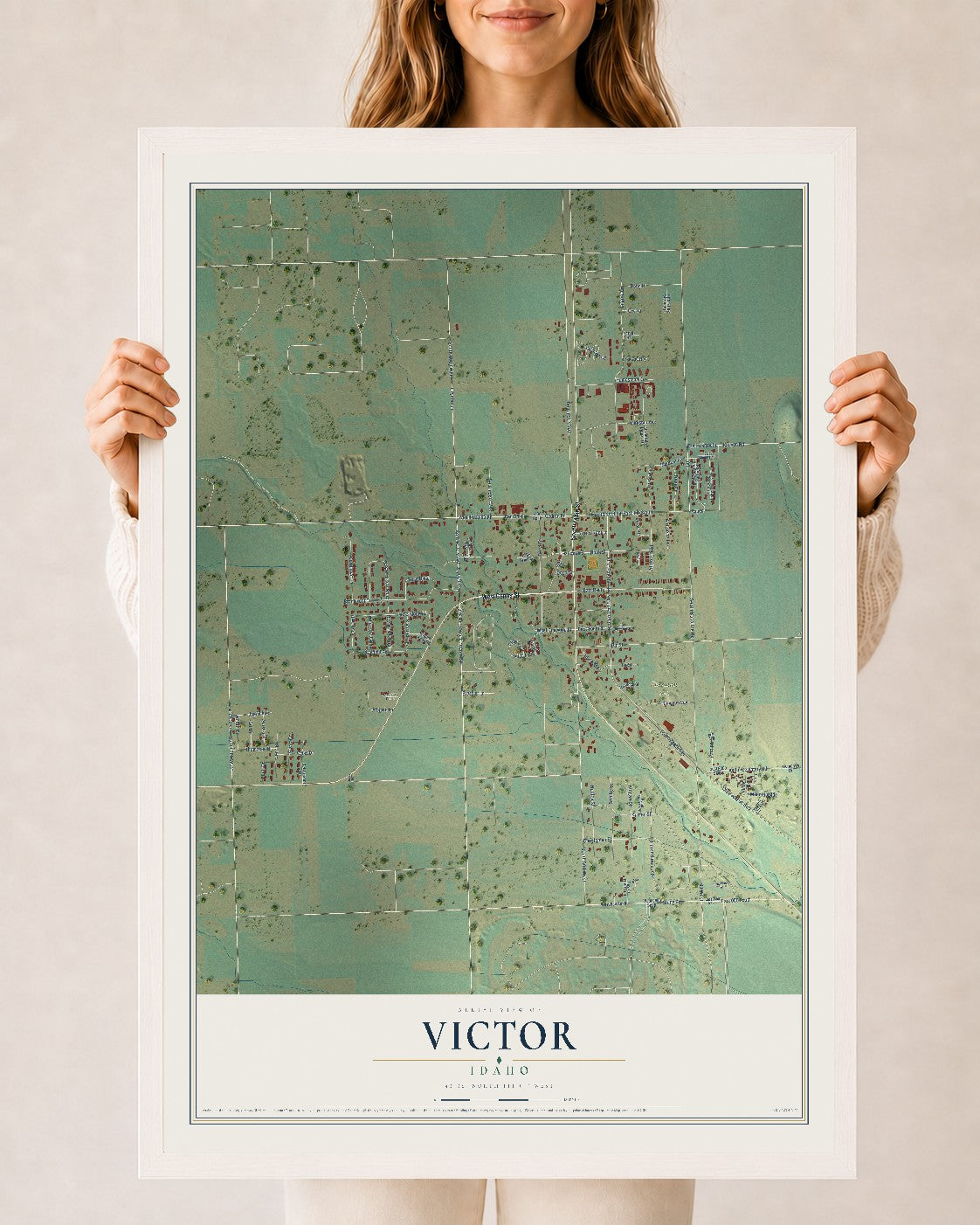 Map of Victor, Idaho, 24 x 36 inch print in a white wood frame