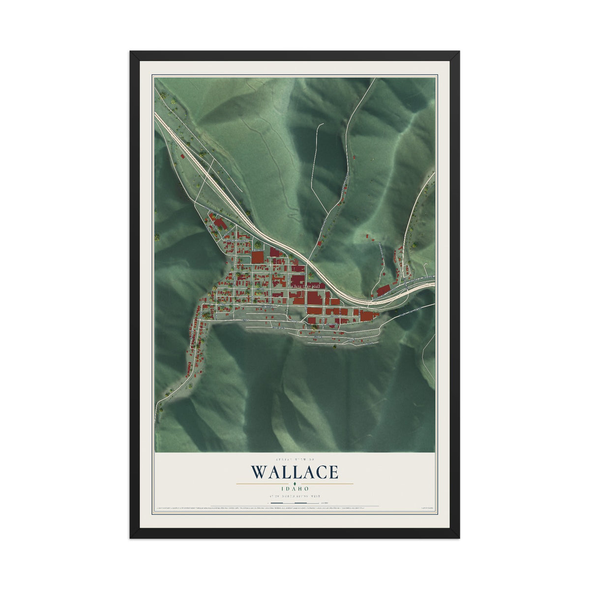 Map of Wallace, Idaho, 12 x 18 inch print in a black wood frame