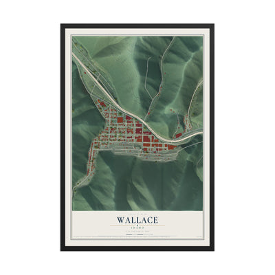 Map of Wallace, Idaho, 12 x 18 inch print in a black wood frame
