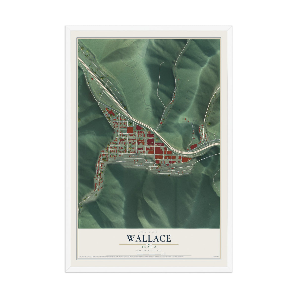 Map of Wallace, Idaho, 12 x 18 inch print in a white wood frame