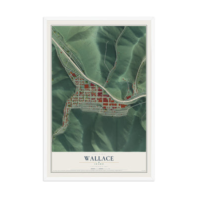 Map of Wallace, Idaho, 12 x 18 inch print in a white wood frame