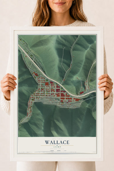 Map of Wallace, Idaho, 18 x 24 inch print in a white wood frame