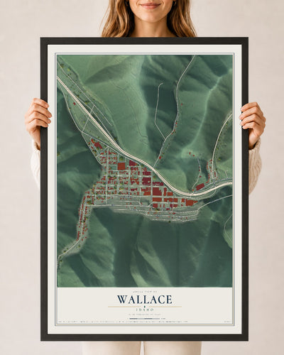 Map of Wallace, Idaho, 24 x 36 inch print in a black wood frame