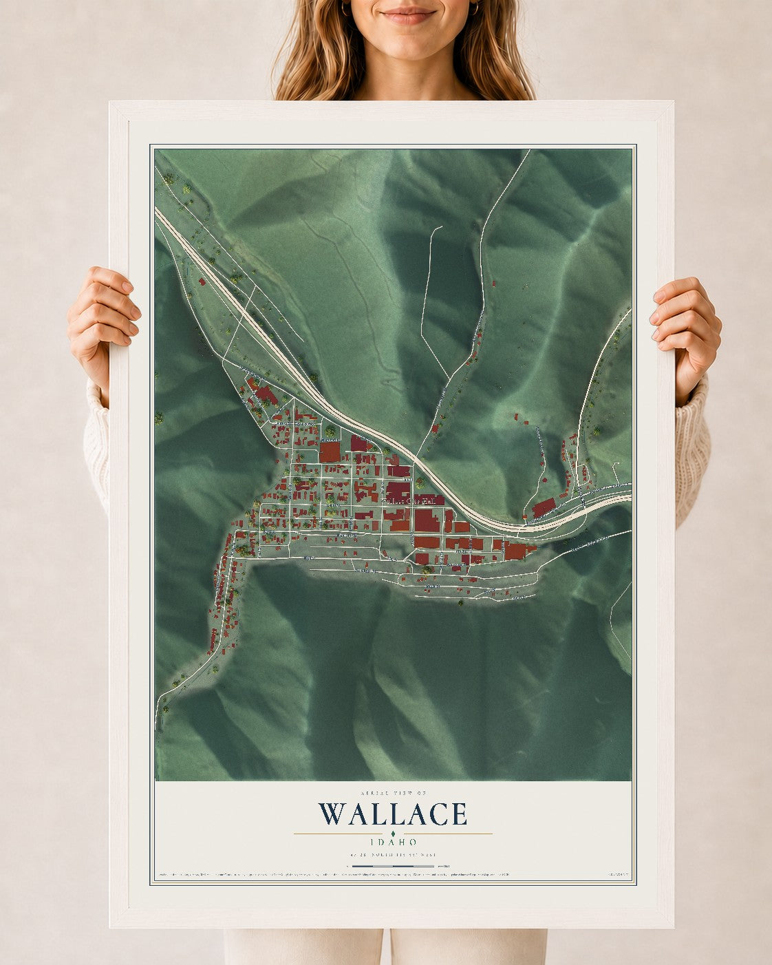 Map of Wallace, Idaho, 24 x 36 inch print in a white wood frame