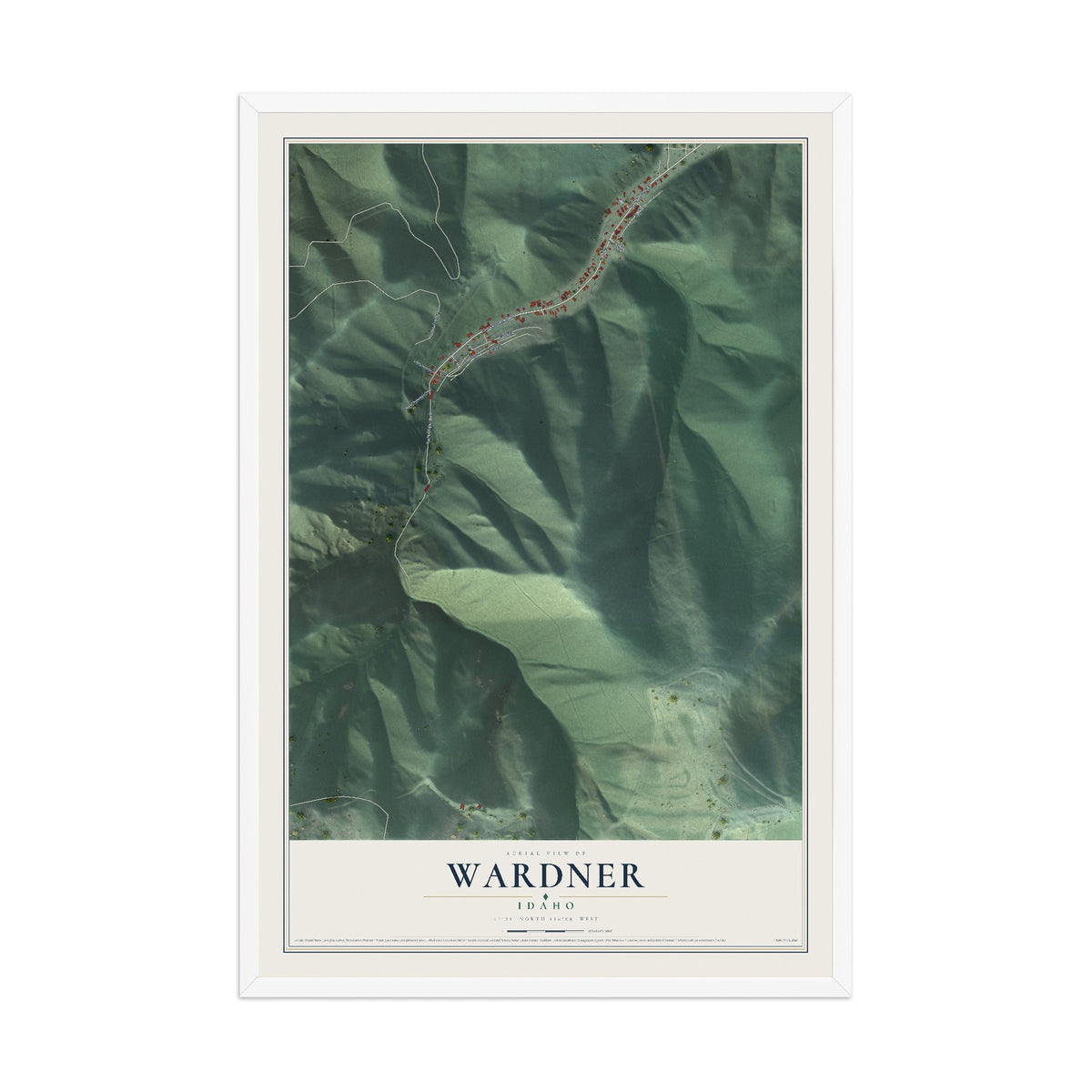 Map of Wardner, Idaho, 12 x 18 inch print in a white wood frame