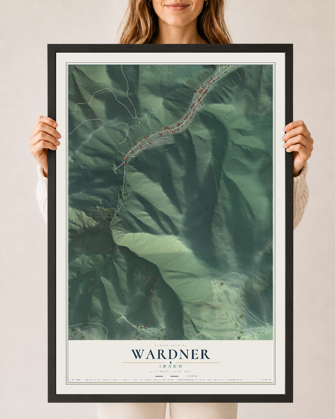 Map of Wardner, Idaho, 24 x 36 inch print in a black wood frame