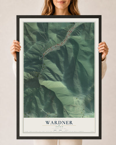 Map of Wardner, Idaho, 24 x 36 inch print in a black wood frame