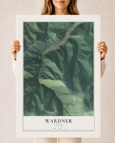 Map of Wardner, Idaho, 24 x 36 inch print in a white wood frame