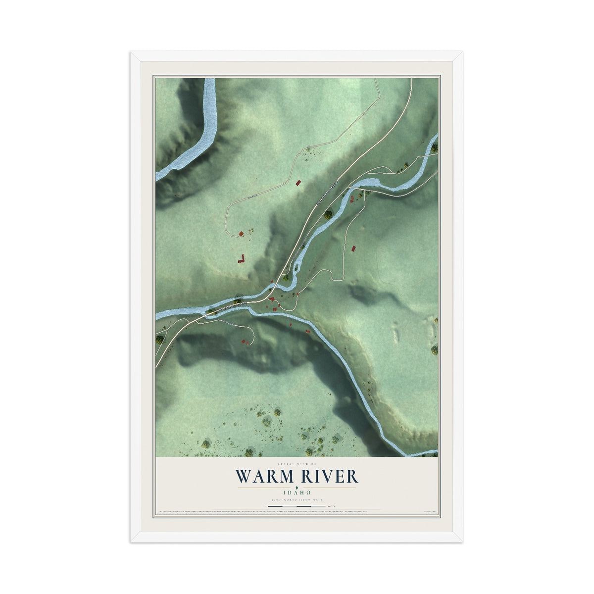 Map of Warm River, Idaho, 12 x 18 inch print in a white wood frame