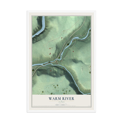 Map of Warm River, Idaho, 12 x 18 inch print in a white wood frame