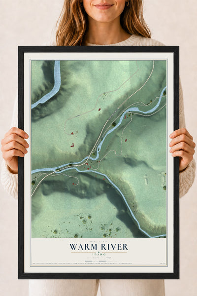 Map of Warm River, Idaho, 18 x 24 inch print in a black wood frame