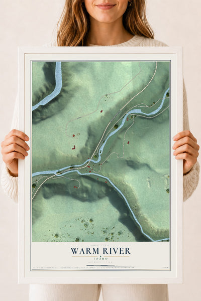 Map of Warm River, Idaho, 18 x 24 inch print in a white wood frame