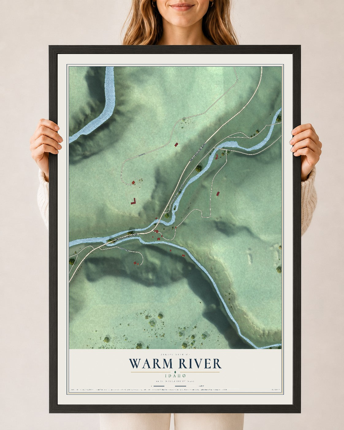 Map of Warm River, Idaho, 24 x 36 inch print in a black wood frame
