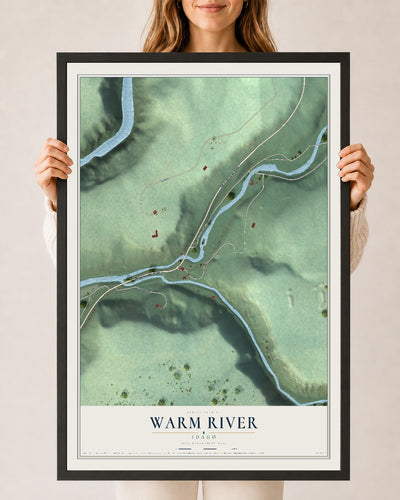 Map of Warm River, Idaho, 24 x 36 inch print in a black wood frame