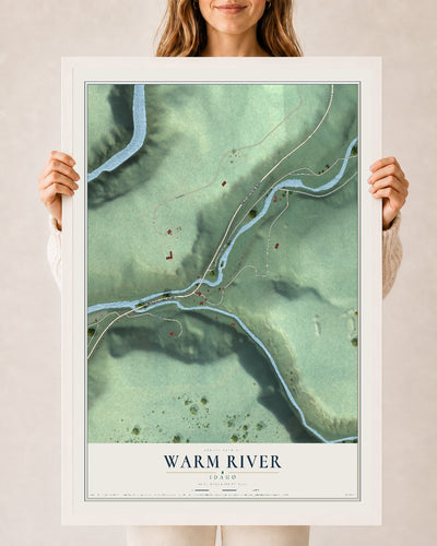 Map of Warm River, Idaho, 24 x 36 inch print in a white wood frame
