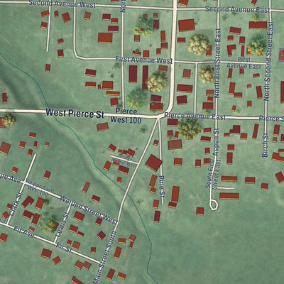 Close-up of the map of Weippe, Idaho print showing street and building detail