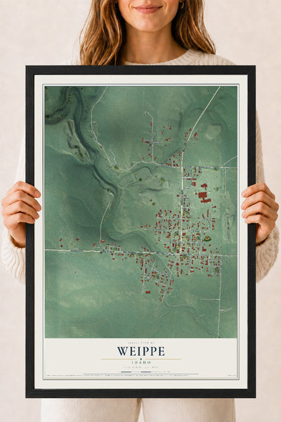 Map of Weippe, Idaho, 18 x 24 inch print in a black wood frame