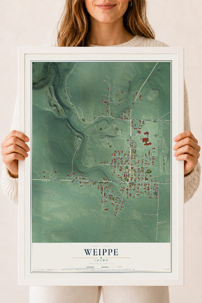 Map of Weippe, Idaho, 18 x 24 inch print in a white wood frame