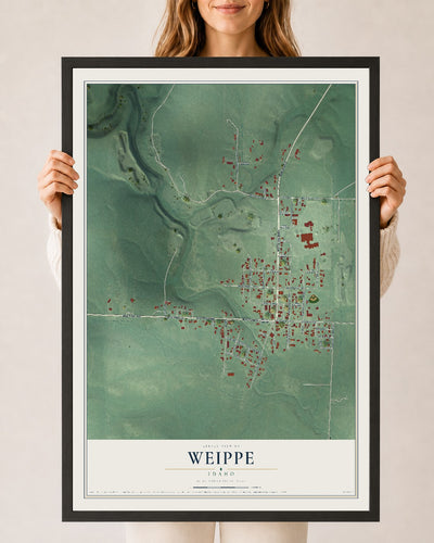 Map of Weippe, Idaho, 24 x 36 inch print in a black wood frame