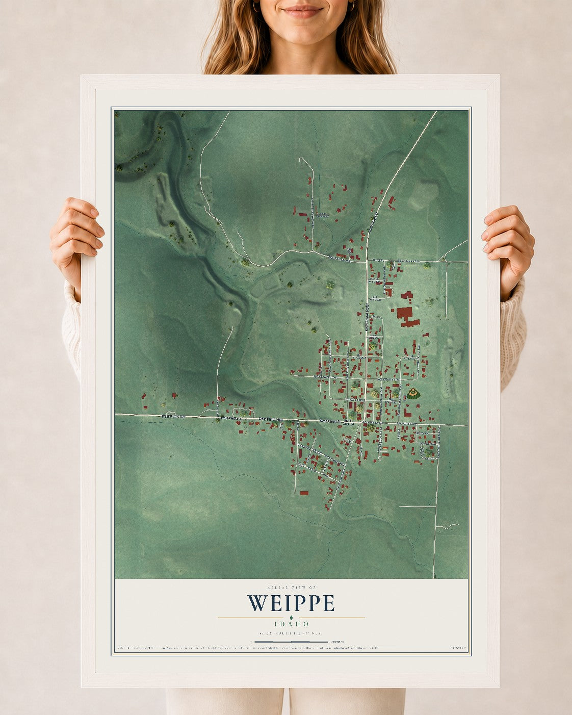 Map of Weippe, Idaho, 24 x 36 inch print in a white wood frame