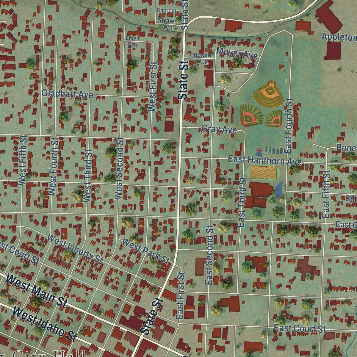 Close-up of the map of Weiser, Idaho print showing street and building detail