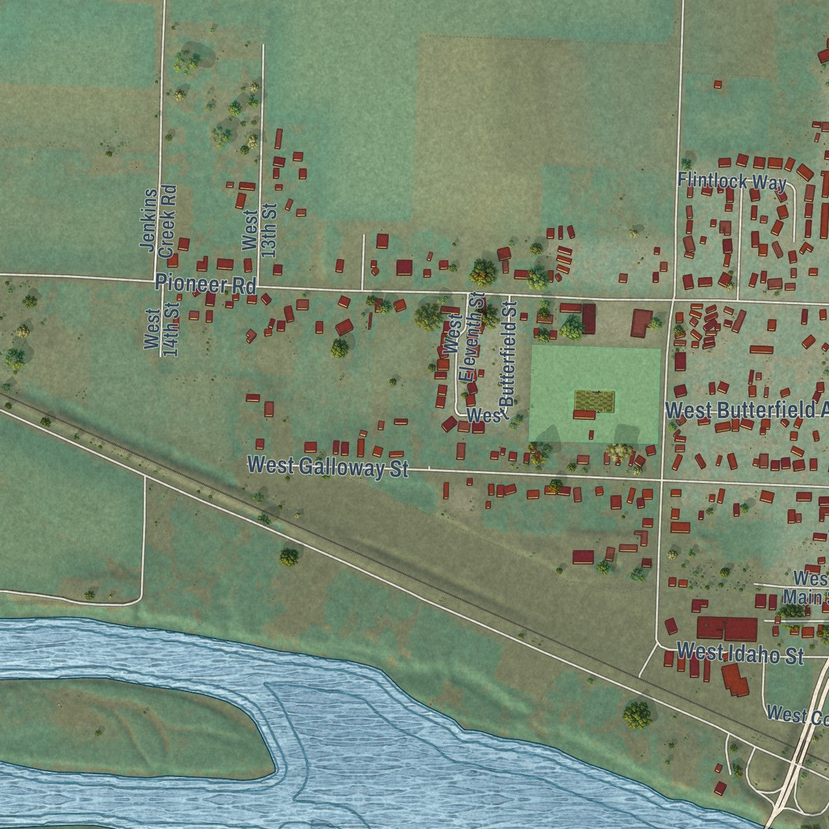Second close-up of the map of Weiser, Idaho print showing more streets and buildings