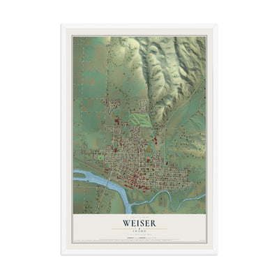 Map of Weiser, Idaho, 12 x 18 inch print in a white wood frame