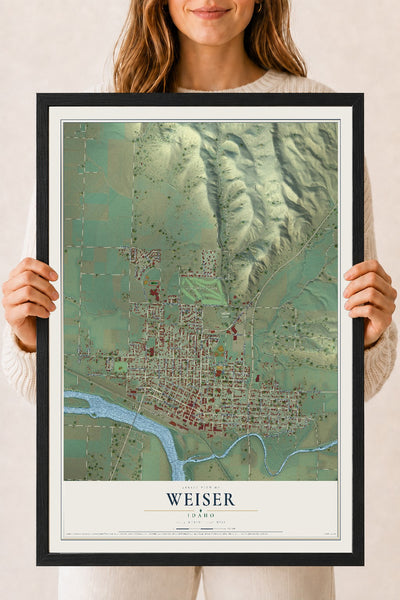 Map of Weiser, Idaho, 18 x 24 inch print in a black wood frame