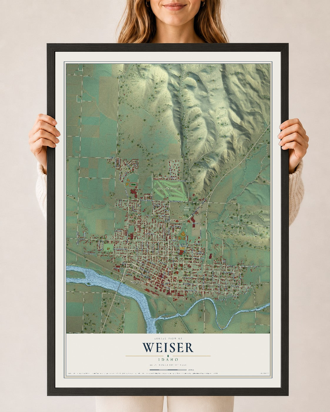Map of Weiser, Idaho, 24 x 36 inch print in a black wood frame