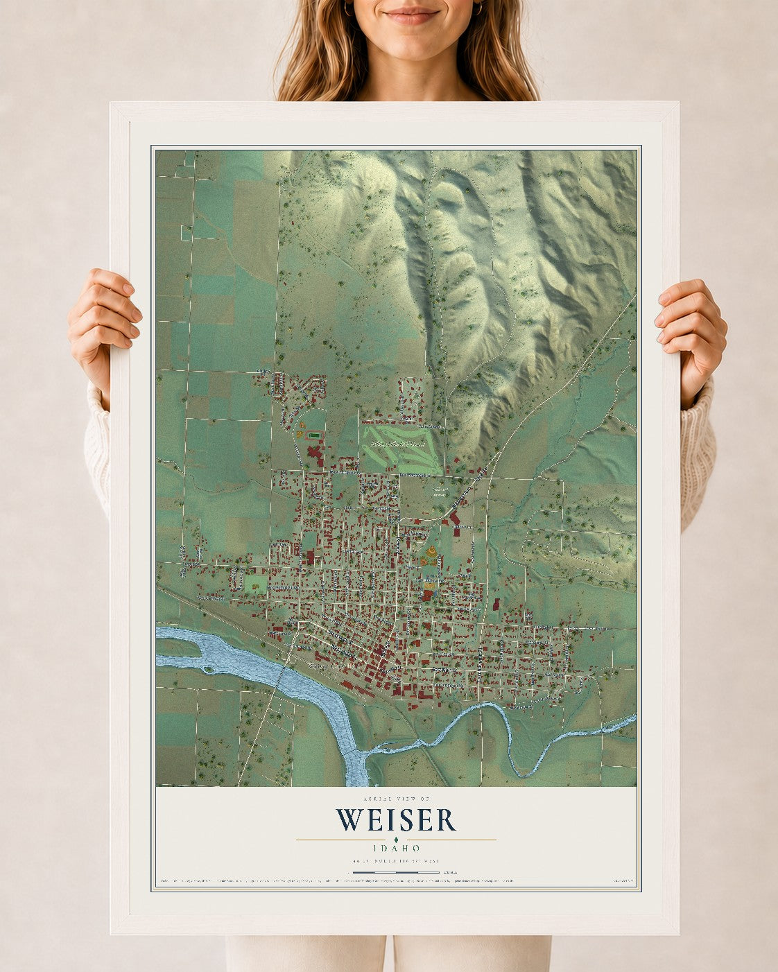Map of Weiser, Idaho, 24 x 36 inch print in a white wood frame