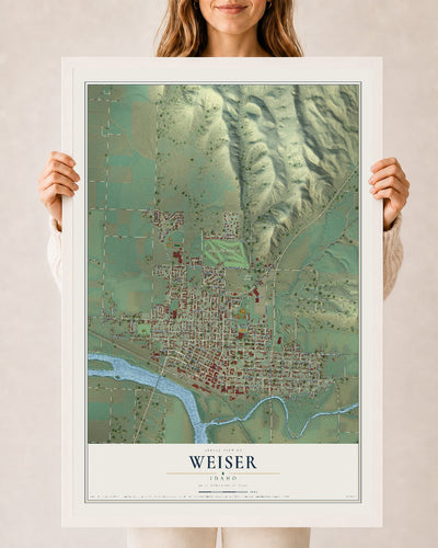 Map of Weiser, Idaho, 24 x 36 inch print in a white wood frame
