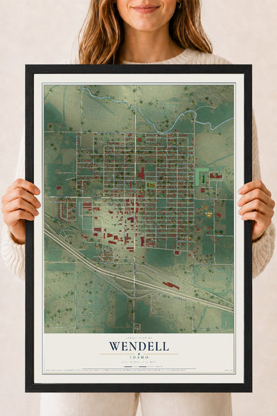 Map of Wendell, Idaho, 18 x 24 inch print in a black wood frame