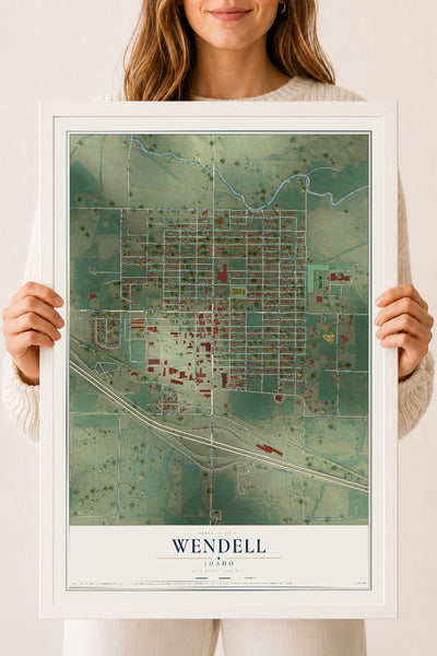 Map of Wendell, Idaho, 18 x 24 inch print in a white wood frame