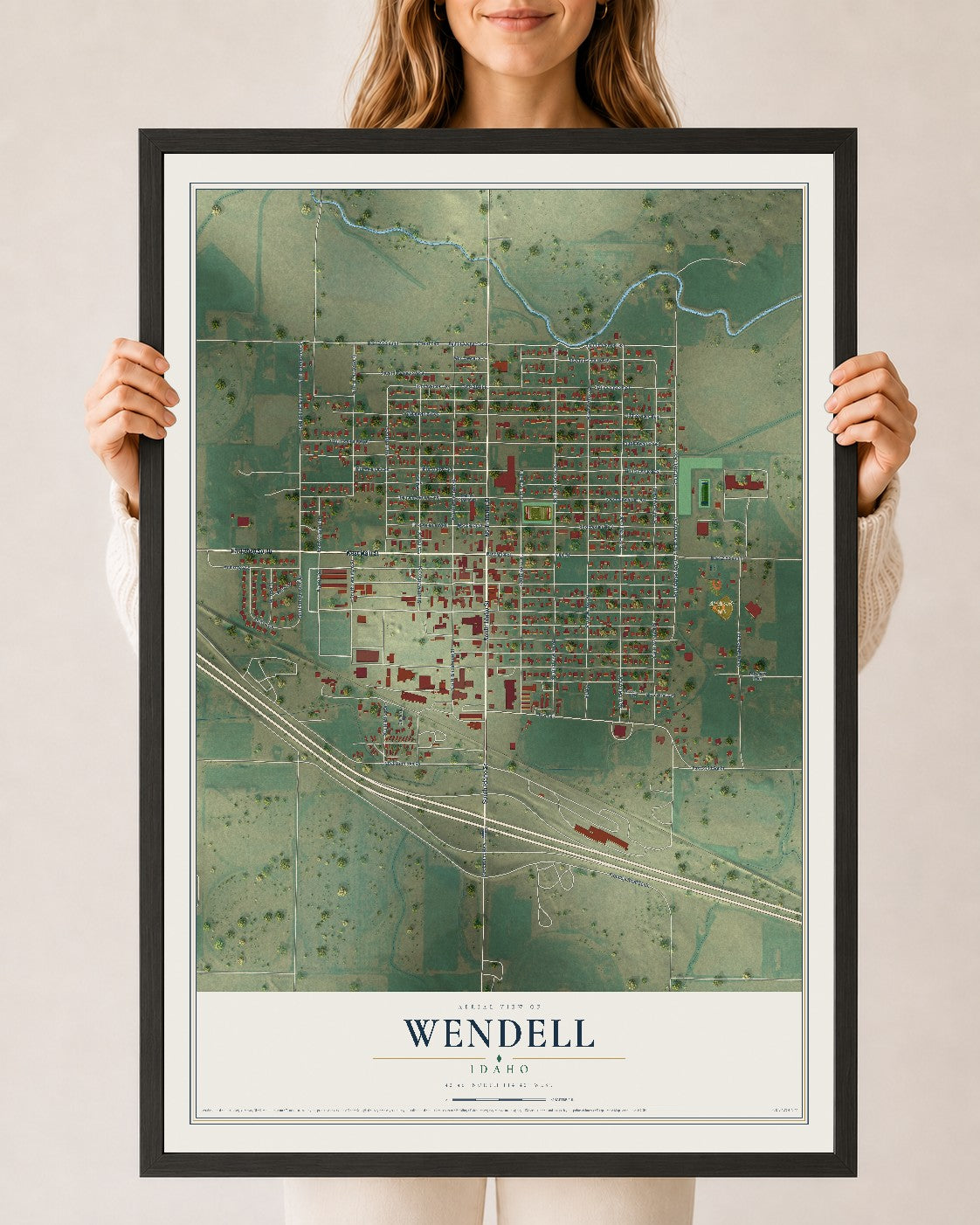 Map of Wendell, Idaho, 24 x 36 inch print in a black wood frame