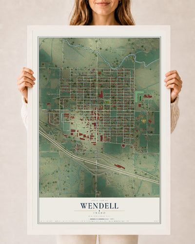 Map of Wendell, Idaho, 24 x 36 inch print in a white wood frame