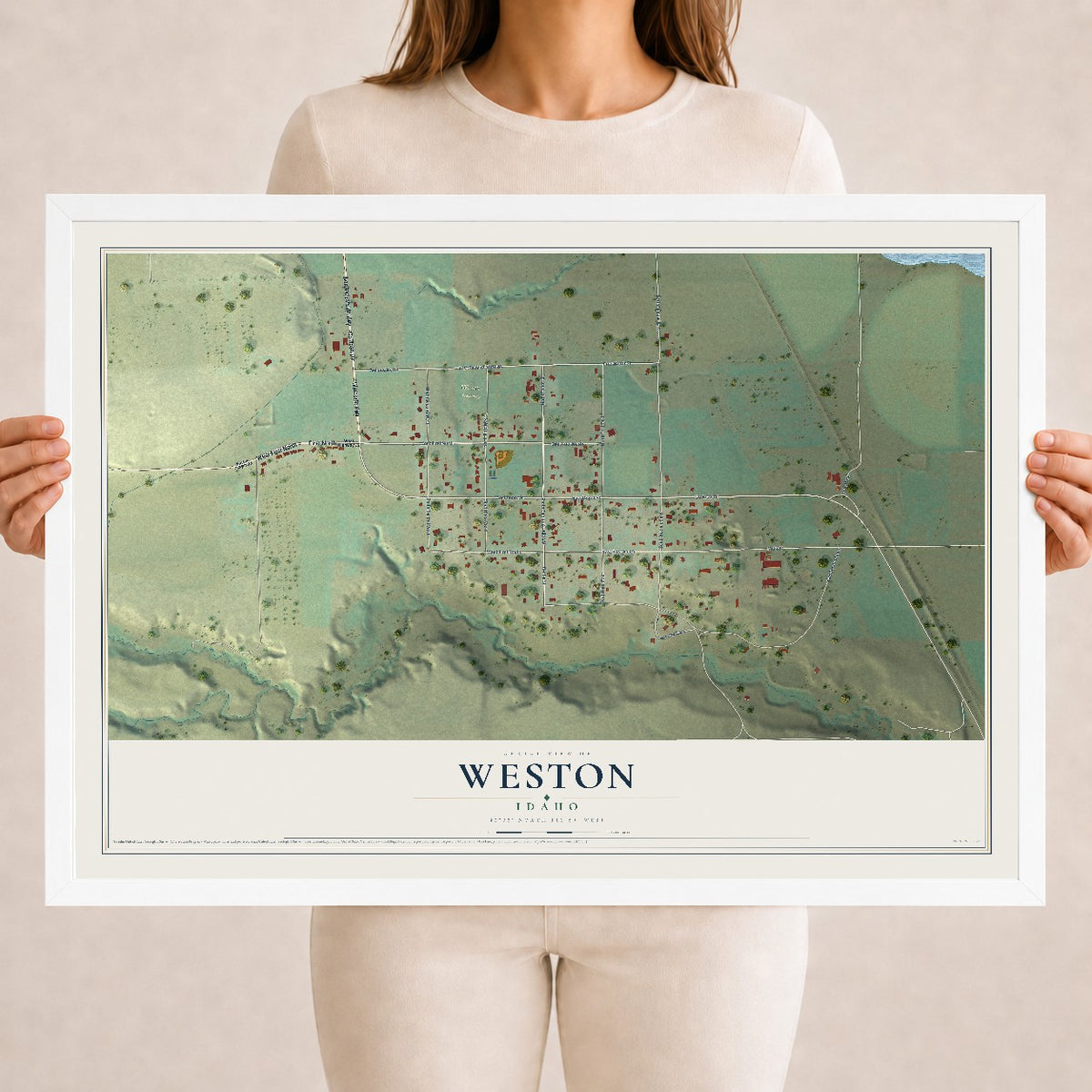 Map of Weston, Idaho, 18 x 24 inch print in a white wood frame