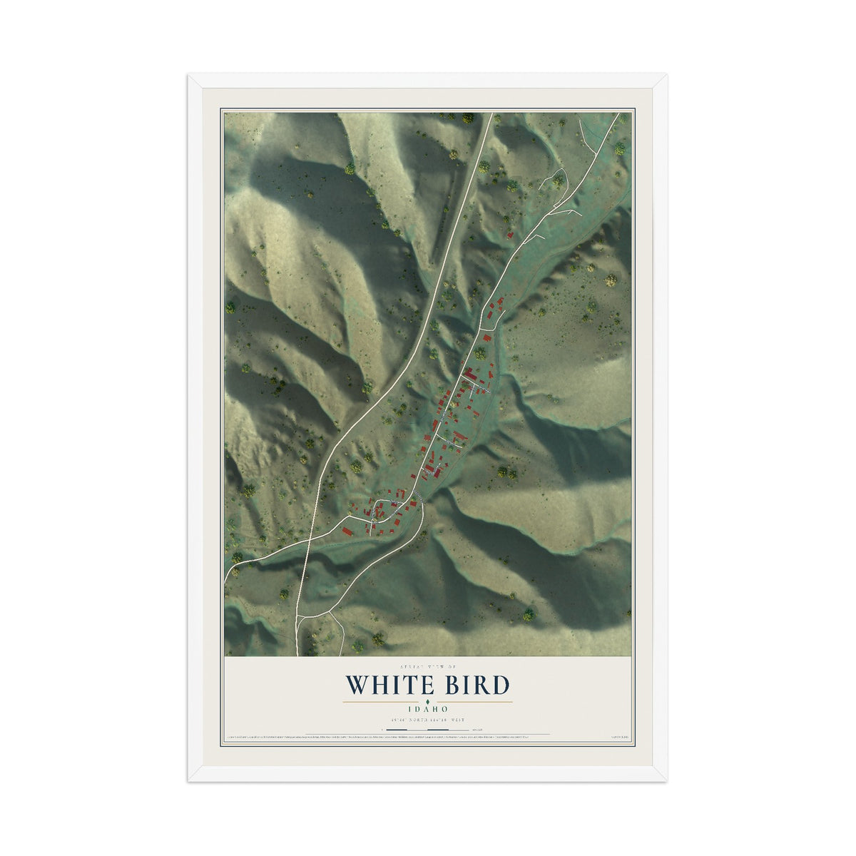 Map of White Bird, Idaho, 12 x 18 inch print in a white wood frame