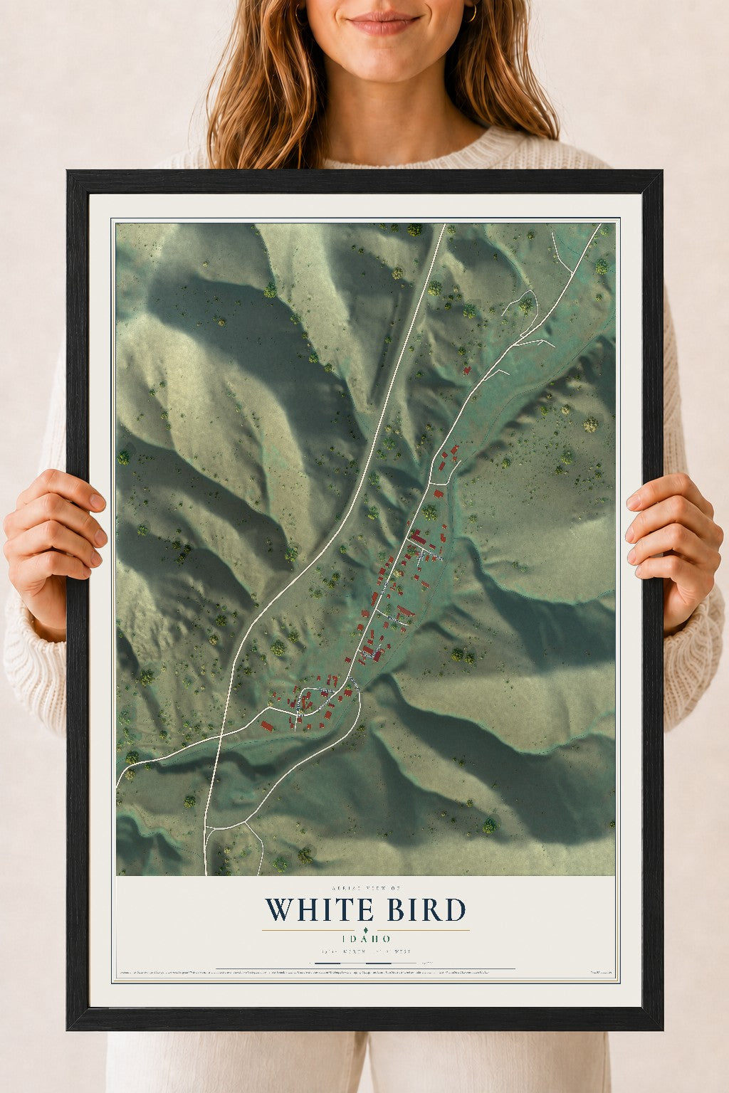 Map of White Bird, Idaho, 18 x 24 inch print in a black wood frame
